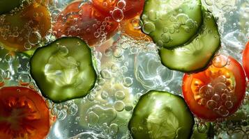 Enchanting silhouette of floating slices of cucumber and tomato in a salad scene photo