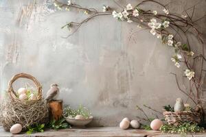 Rustic Easter background with vintage-inspired decorations and rustic charm photo