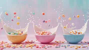 Elegant silhouette of floating bowls of colorful cereal with milk splashes photo