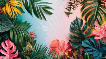 A colorful tropical scene with a large leafy green background photo