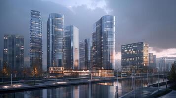 Modern buildings outlined against soft evening light photo