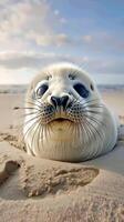Cute baby seals rolling around on sandy beaches, their whiskers twitching as they play photo