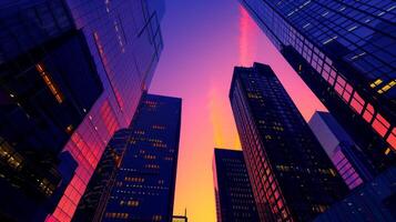 A city skyline at sunset with a purple sky. The buildings are tall and the sky is filled with clouds photo