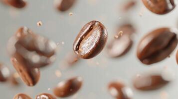 Minimalistic shot of floating coffee beans in mid-air photo
