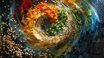 Spinning herbs and spices forming a whirlwind, symbolizing culinary adventure photo