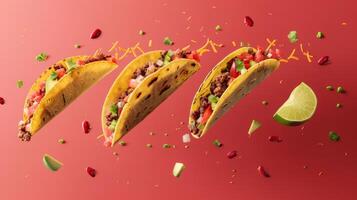 Dynamic layout featuring levitating taco ingredients and space for Mexican food promotions photo