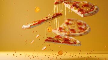 Dynamic copy space with levitating pizza slices for advertising photo