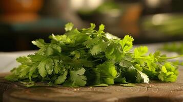 A bunch of fresh green cilantro is piled on a wooden cutting board photo