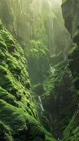 Enchanting waterfalls cascading down moss-covered cliffs photo