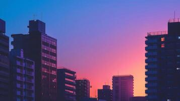 Modern buildings outlined against colorful sunset sky photo