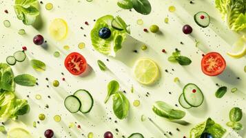 Modern arrangement of spinning salad ingredients in a modern pattern photo
