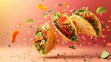 Dynamic design featuring floating taco ingredients and room for Mexican restaurant logos photo