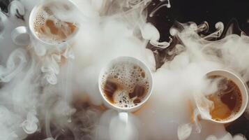 An aerial shot of levitating coffee cups with steam photo