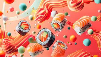 Boho-chic poster design with floating sushi rolls and bohemian patterns photo