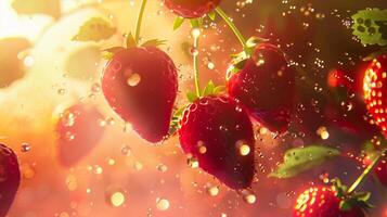 Striking silhouette of levitating strawberries against a bright background photo