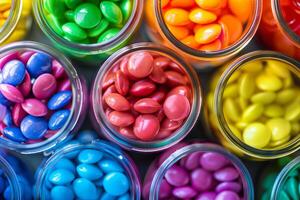 Rainbow-colored candies arranged in a glass jar, transparently showcasing their colors photo