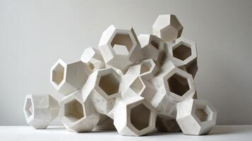 A white sculpture of many small white cubes. The sculpture is made of concrete and has a lot of empty spaces photo