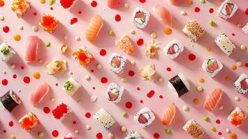 Top view of levitating sushi pieces forming a beautiful pattern photo