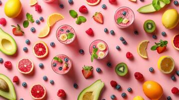 Colorful arrangement of spinning smoothie ingredients in a colorful pattern photo