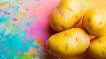 Spinning potatoes against an abstract background of vibrant hues photo
