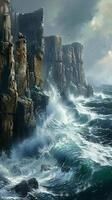 Dramatic sea cliffs pounded by relentless ocean waves photo