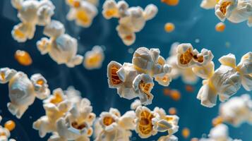 Playful layout of spinning popcorn kernels in a random pattern photo