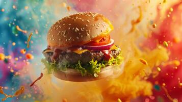 Spinning burger against a background of abstract color splashes photo