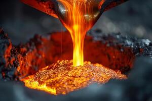 Glowing molten metal pouring from a crucible against a soft transparent white background, symbolizing industrial processes photo