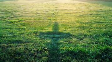 Large copy space adjacent to an image of a cross-shaped shadow on a grassy field at sunrise photo