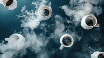 An aerial shot of levitating coffee cups with steam photo