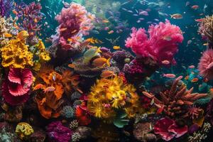 Close up of a vibrant coral reef teeming with marine life, illustrating the biodiversity of underwater ecosystems photo