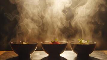 Bold silhouette of levitating bowls of steaming hot soup with garnishes photo