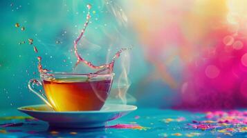 Vibrant backdrop with a spinning cup of tea in motion photo
