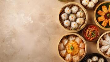 Rotating plate of dim sum with space for text overlay photo
