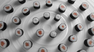 Geometric arrangement of spinning sushi rolls in a geometric pattern photo