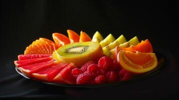 Darkened shape of a plate of fresh fruit slices photo