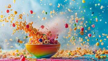 Colorful backdrop with a spinning bowl of cereal in motion photo