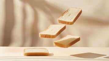 Levitating slices of bread in a serene minimalist arrangement photo