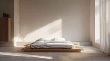 Minimalist bedroom with clean lines and serene ambiance photo