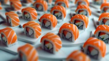 Geometric arrangement of spinning sushi rolls in a geometric pattern photo