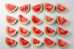 Sliced watermelon arranged in a pattern on a transparent white surface photo