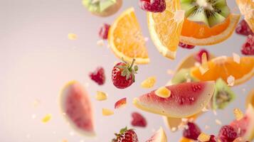 Colorful fruit salad spinning against a blank backdrop photo