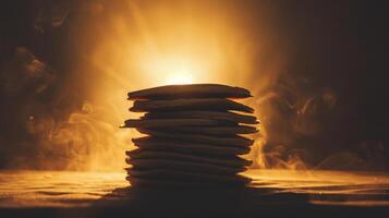 Silhouette of a stack of pancakes rotating from above photo