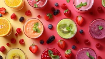 Colorful arrangement of spinning smoothie ingredients in a colorful pattern photo