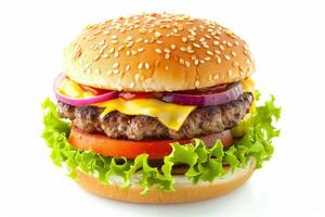Juicy burger with cheese and toppings on a transparent white surface photo
