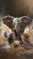 Gentle baby elephants splashing in muddy watering holes, their trunks spraying water in all directions photo