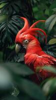A red parrot with a large, colorful head is perched on a leafy branch. The bird's bright red feathers contrast with the green leaves, creating a vibrant and lively scene photo