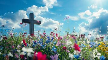 Clear space for message next to an image of a Christian cross in a field of flowers photo