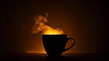 oscurecido seducir un silueta de un humeante jarra de café foto