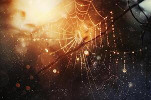 Sparkling water droplets caught in a spider's web in the early morning light photo